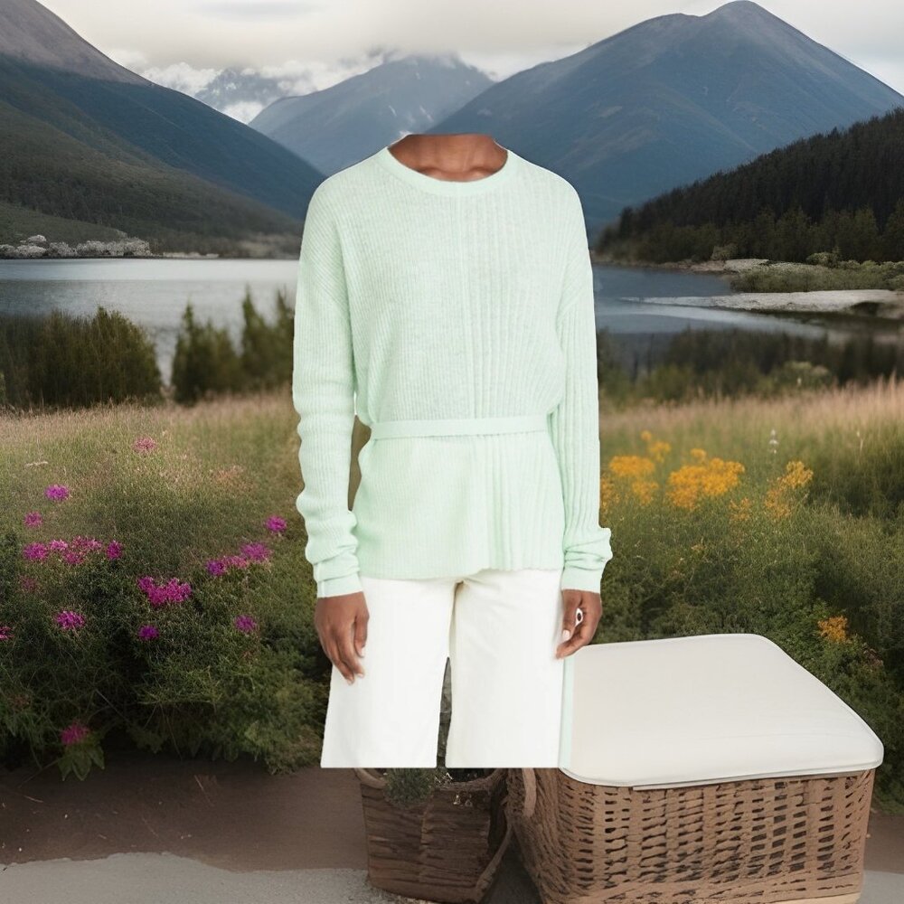 HELMUT LANG Sweater Women Sz S Belted Ribbed Crew Alpaca Blend‎ Mint Green MONEY